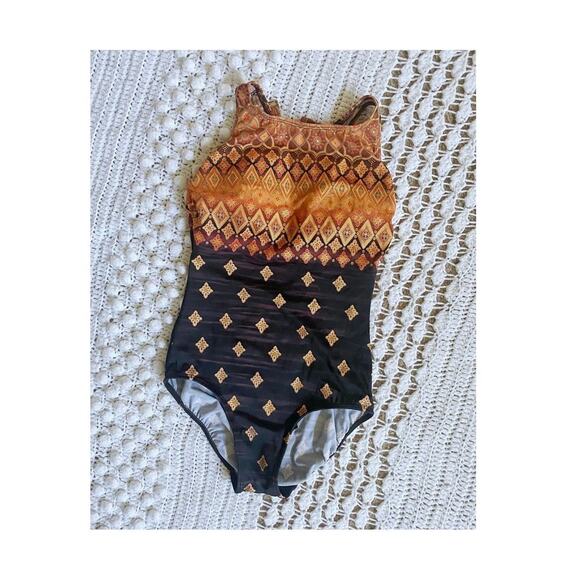 vintage y2k Boho MEDALLION PRINT Ombre SWIMSUIT Sm/Med/8 gold cut out maillot - Picture 1 of 6
